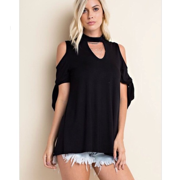 Black cold shoulder tie sleeve top - Picture 2 of 7